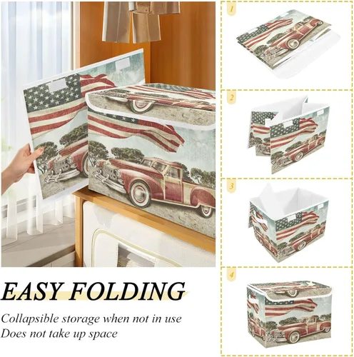 Miniatura 6 de CaTaKu Grandes Canastas de Almacenamiento de Tela con Tapas, Cajas de Almacenamiento Rojas con Bandera Americana de Camiones con Asas para Organizar