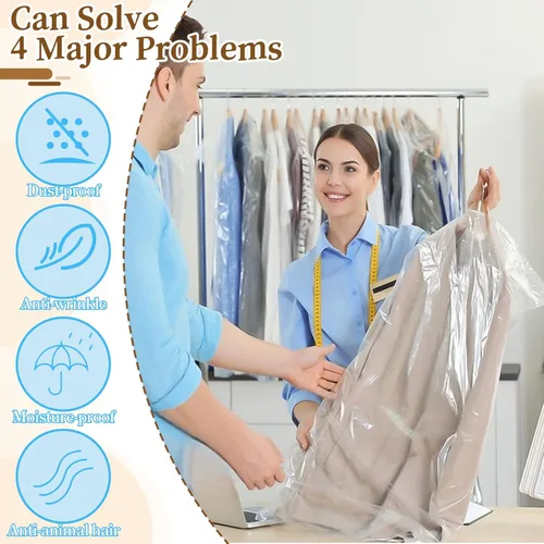 Miniatura 3 de Paquete de 100 bolsas de limpieza en seco, bolsas transparentes de 55 pulgadas, fundas de plástico a prueba de polvo para colgar ropa, tintorería