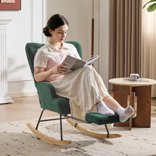 Miniatura 4 de Furniliving - Mecedora tapizada para cuarto de bebé, silla deslizante, mecedora moderna con reposapiés retráctil, silla de lectura con respaldo