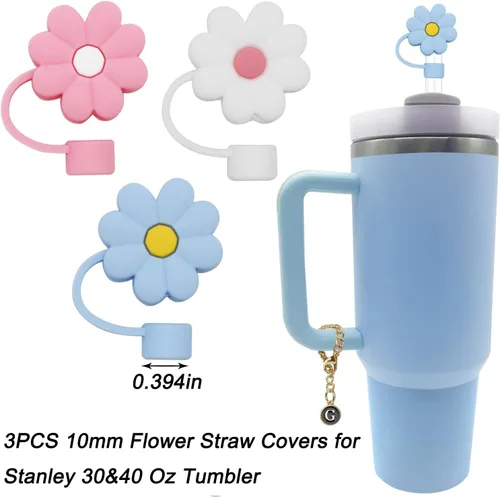 Miniatura 2 de ANDERSE Stanley - 3 tapas de popote para accesorios de copa Stanley de silicona con diseño de flores de 0.394 pulgadas, 2 piezas de dije de letra 3