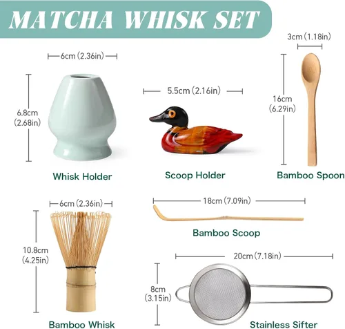 Miniatura 2 de Juego de batidor de matcha: juego de matcha con batidor de matcha de bambú y soporte de cerámica, cuchara de bambú+cuchara de madera, soporte