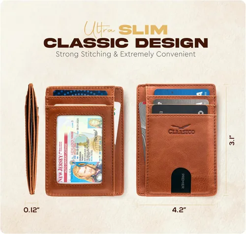 Miniatura 5 de Claasico Billetera pequeña de bolsillo frontal para hombre con bloqueo RFID, de cuero genuino, tarjetero