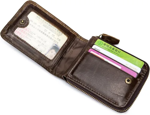 Miniatura 5 de BULLCAPTAIN Billetera de cuero para hombre con cremallera y bloqueo RFID, monedero (marrón oscuro)