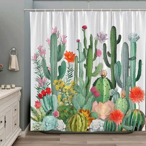 Cortina de ducha de cactus tropical, suculentas, flores, desierto, acuarela, flores silvestres botánicas, retro, de madera brillante, juego de