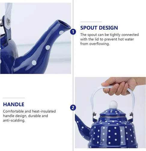 Miniatura 7 de jojofuny Tetera de agua con calefacción esmaltada de lunares, 1.7L, con boquilla segura, conductividad térmica rápida para cocina en el hogar