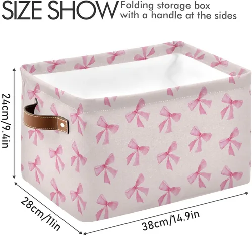 Miniatura 4 de Cesta de almacenamiento plegable con lazo rosa, impermeable, con asas de cuero, para clósets, oficinas, dormitorios, cestas de regalo, 1 unidad