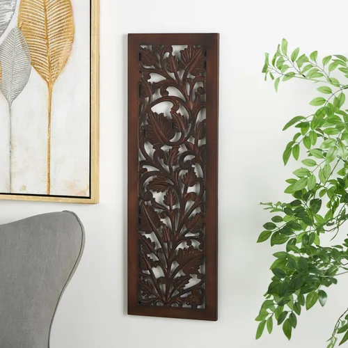 Miniatura 3 de Deco 79 Decoración de pared de madera floral hecha a mano para el hogar, escultura de pared de acanto tallada intrincadamente, arte de pared de 12 x