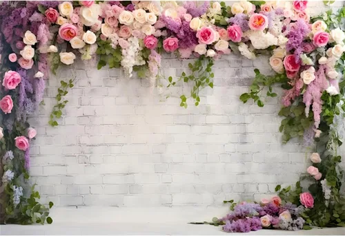 YongFoto Fondo de pared de ladrillo blanco retro con arco floral de 5 x 3 pies, flores de rosa, hojas de enredadera, fondo de fotografía,