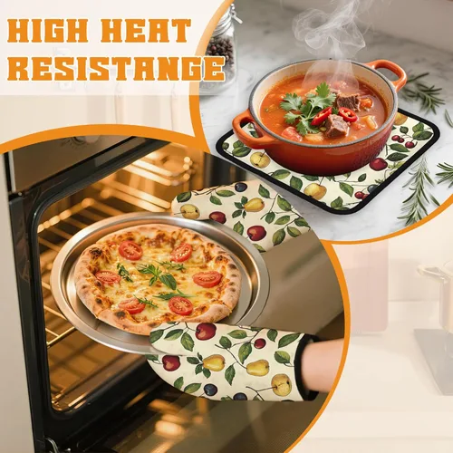 Miniatura 6 de Juego de guantes retro para horno y soportes para ollas, guantes de horno de cocina de cereza y soporte para ollas con resistente al calor, Cereza