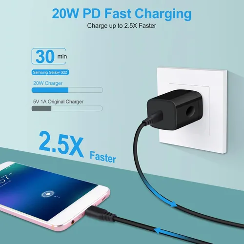 Miniatura 2 de Cargador tipo C, cargador de pared USB C de 20 W PD de carga rápida y cable de carga de teléfono Android de 6 pies, compatible con iPhone 16 15 Pro