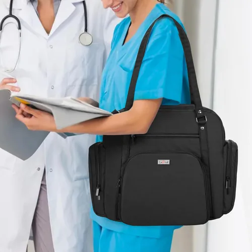 Miniatura 2 de LoDrid Bolsa de mano para enfermera con parte inferior acolchada, bolsa de enfermería para salud en el hogar, bolsa de trabajo de enfermera con Negro