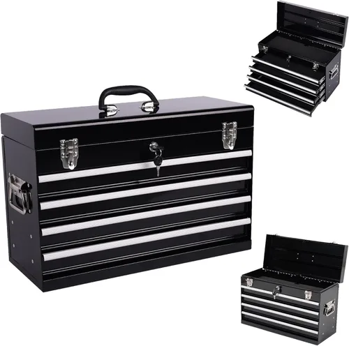 Miniatura 16 de Caja de herramientas de metal de 4 cajones, caja de herramientas portátil de acero con cierre de pestillo de metal y bloqueo de llave, bandeja