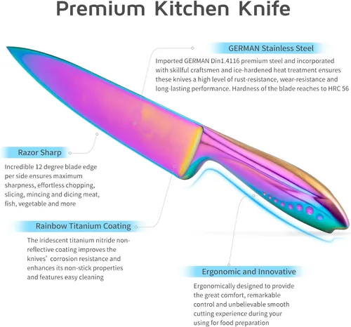 Miniatura 7 de WELLSTAR Rainbow - Juego de 7 cuchillos de cocina de acero inoxidable de alto carbono iridiscentes alemanes con bloque universal de cuchillos, Juego