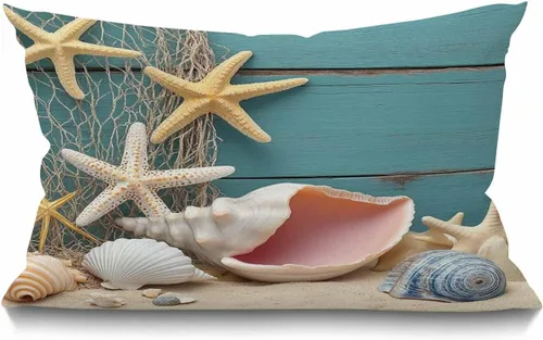 Miniatura 9 de Smooffly Funda de almohada rectangular rectangular rectangular con diseño de estrella de mar de playa y estrella de mar, funda de cojín de lino