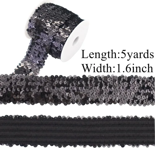 Miniatura 2 de Cinta elástica de lentejuelas de 1.6 pulgadas de ancho, ribete de lentejuelas metálicas negras, encaje elástico de 5 yardas para coser ropa, Plata