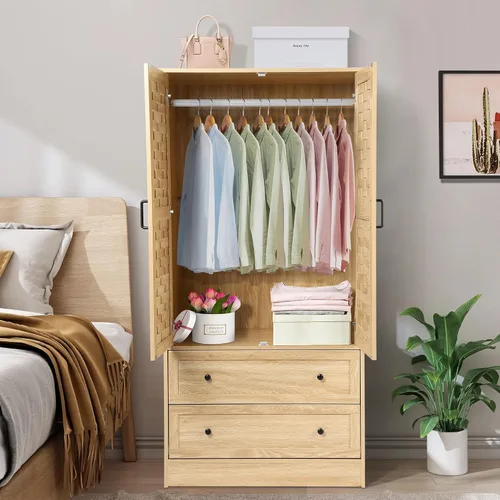 Miniatura 4 de LEVNARY Armario con 2 puertas tejidas, armario con 2 cajones de almacenamiento y riel para colgar, armario de madera independiente para dormitorio