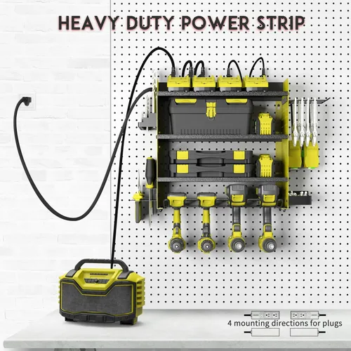 Miniatura 5 de Organizador de herramientas eléctricas con estación de carga, soporte de pared para taladro de 4 niveles, estante metálico para garaje con regleta