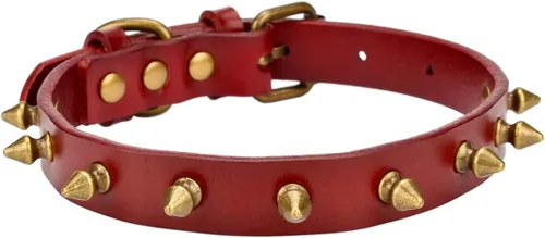 Collar de cuero vacuno genuino ajustable para gatos y cachorros de perro, A-ROJO