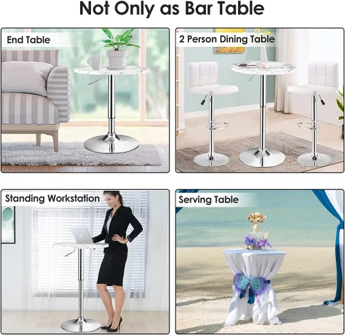 Miniatura 10 de Giantex Mesa redonda de pub ajustable en altura, mesa giratoria de 360° con patas plateadas y base para el hogar, mesa de bar (blanco)