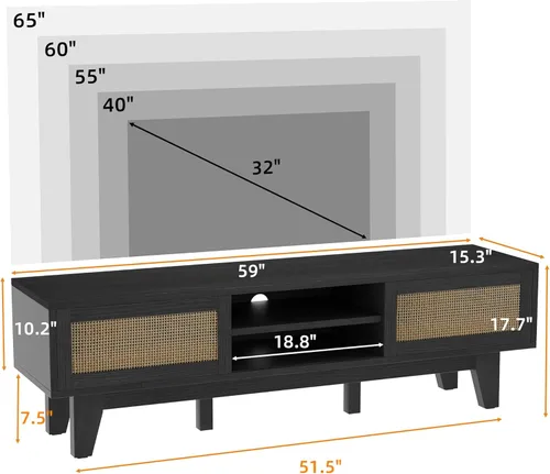Miniatura 7 de Xilingol Soporte de TV de ratán para TV de hasta 65 pulgadas, centro de entretenimiento bohemio con dos armarios y puertas correderas, consola de TV