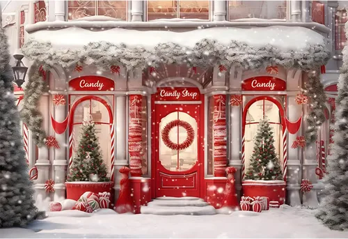 Telón de fondo rojo de 5 x 3 pies para fotos de tienda de Navidad, pancarta de casa de jengibre de Navidad, fondo de Papá Noel, decoración de