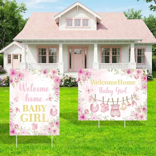 2 letreros decorativos de bienvenida a casa para bebé, niña, rosa, floral, para baby shower, patio, con estacas "It's a Girl", letrero para anuncio