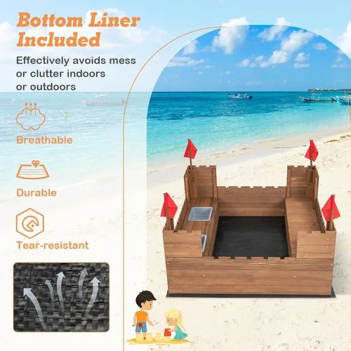 Miniatura 4 de HONEY JOY Caja de arena para niños, pozo de arena sin fondo de cedro para patio trasero, 4 banderas rojas y forro inferior, banco lateral y 2 cajas