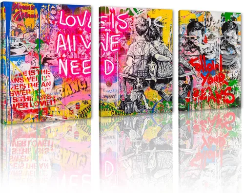 Miniatura 10 de 3 Piezas de Arte de Pared Banksy en Lienzo, Póster de Graffiti, Decoración de Pared con Citas Inspiradoras, Nunca Te Rindas, Obras de Arte para Sala