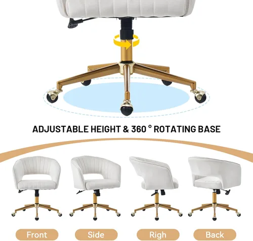 Miniatura 7 de Silla de tocador con respaldo sillón giratorio 360 grados y base dorada, silla entrecruzada con ruedas para tocador, oficina en casa, sala de estar