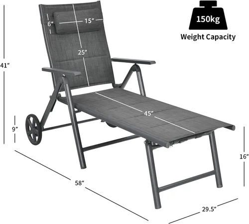 Miniatura 3 de RELAX4LIFE Tumbona para patio con ruedas – Silla reclinable plegable acolchada con almohada extraíble, respaldo ajustable, sillas de playa