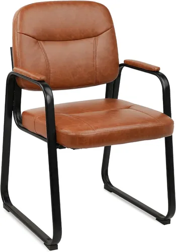 Miniatura 18 de CLATINA Silla de cuero para invitados de oficina, silla de recepción sin ruedas con reposabrazos y soporte de madera, sillón de escritorio