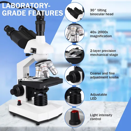 Miniatura 5 de Microscopio Trinocular Compuesto, aumento 40X-5000X, microscopio profesional de grado de investigación con cámara USB y plataforma mecánica