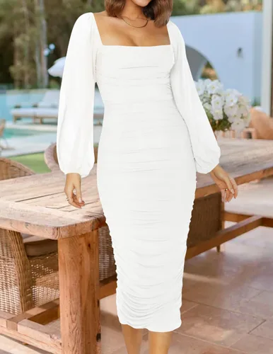 Miniatura 7 de ZESICA Vestido midi sexy y fruncido para mujer 2024, manga larga, cuello cuadrado, espalda descubierta, cóctel, fiesta, boda