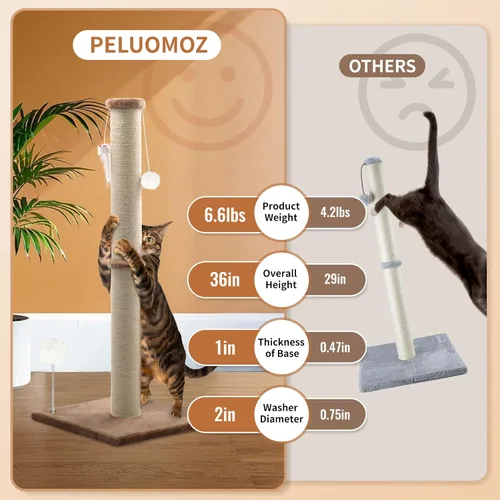 Miniatura 4 de Poste rascador para gatos de 36 pulgadas de alto, poste rascador de sisal grande para gatos de interior, torre rascadora resistente para gatos