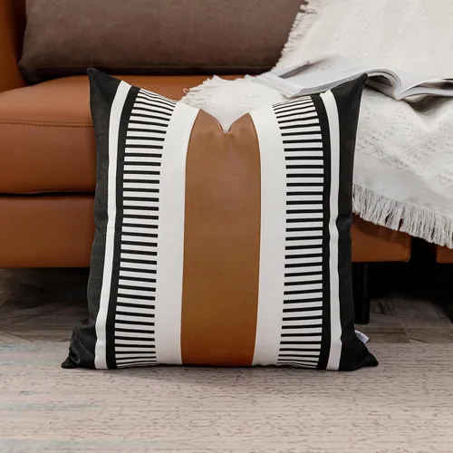 Miniatura 2 de Funda de Almohada Euro de Rayas Estilo Granja 26x26 Funda de Cojín de Acento Grande Cuero Sintético Blanco y Negro Funda de Almohada Decorativa