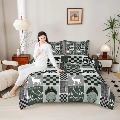 Miniatura 104 de Juego de edredón de oso y ciervo, tamaño individual, ropa de cama de animales salvajes de caza, colcha rústica de cabaña, casa de campo, cuadros