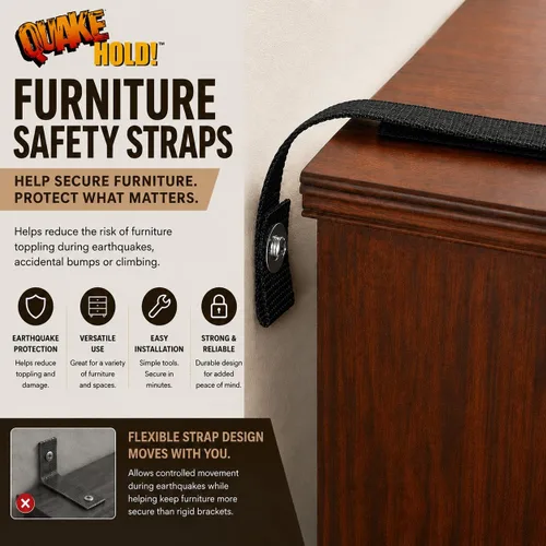 Miniatura 2 de Quakehold! Kit de correas para muebles, sujetadores para terremotos para preparación ante desastres, correas de seguridad a prueba de niños para RV