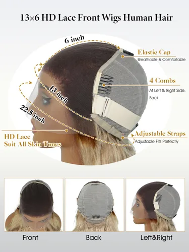 Miniatura 7 de Pelucas de cabello humano rubio ceniza de 26 pulgadas con raíces castañas ombré, color rubio ceniza, ondulado, 13 x 6, peluca de cabello humano