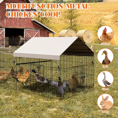 Miniatura 7 de Gallinero de metal, corralito de pollo para patio con cubierta, jaula portátil de metal para exteriores con 4 puertas y 1 ventana para gallina