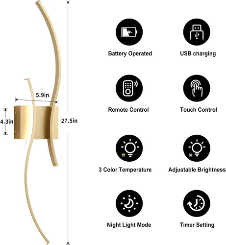 Miniatura 5 de KARTOOSH Aplique de pared a pilas con control remoto, colores continuos 3000K-6000K y atenuación, luz de pared LED inalámbrica dorada para sala