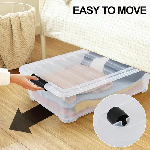 Miniatura 4 de Cajas de almacenamiento de plástico de 25 cuartos de galón debajo de la cama, contenedor de almacenamiento con ruedas, paquete de 3, transparente