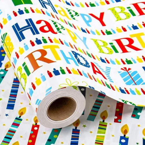 Miniatura 17 de Homeral Rollo de papel de regalo azul para cumpleaños - 17 pulgadas x 16.5 pies, con letras reversibles de "Feliz Cumpleaños" y velas coloridas.