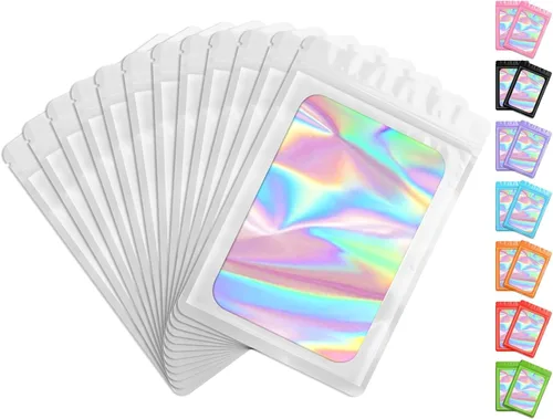 Miniatura 21 de FUNFERY 100 piezas de bolsas resellables transparentes holográficas, bolsas de embalaje a prueba de olores, bolsas de almacenamiento de alimentos