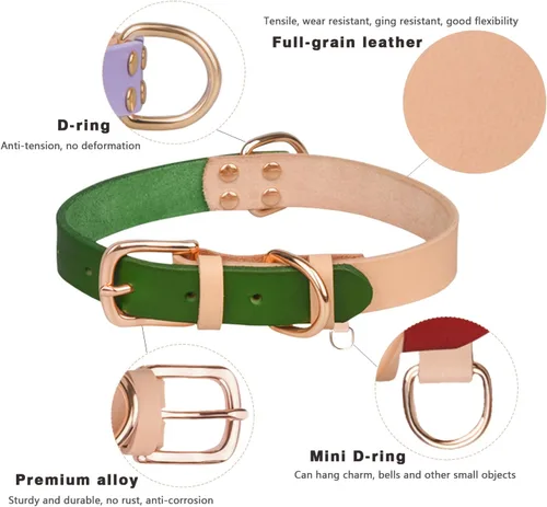 Miniatura 6 de Collar de perro personalizado con placa de identificación, piel auténtica, etiqueta de identificación de mascota grabada con número de teléfono