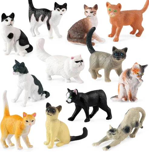 SCAHOW 12 PCS Figuras Realistas de Gato, Juguetes de Figuras Mini de Gato de Plástico, Juguetes en Miniatura de Gatito Decoración para Pasteles