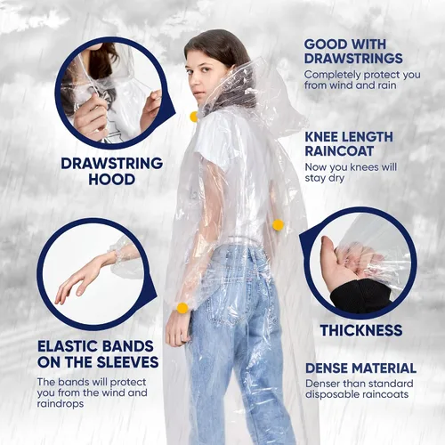 Miniatura 4 de Magnitudo 5 ponchos de lluvia para adultos Impermeable desechable grueso transparente impermeable con capucha y mangas elásticas para hombres