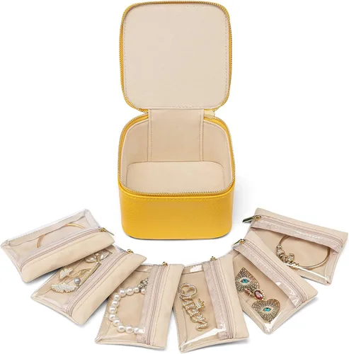 Vlando Joyero de viaje, pequeña bolsa de joyería con 6 bolsillos de terciopelo con cremallera, organizador de joyería de piel sintética para mujeres