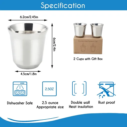 Miniatura 6 de Easyworkz Diego - Máquina de café expreso para estufa, con taza de café expreso de acero inoxidable, juego de 2 tazas de metal con aislamiento