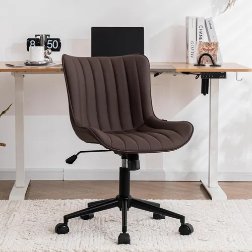 YOUNIKE Silla ergonómica de escritorio para oficina en casa con ruedas, cómoda silla cruzada sin brazos con respaldo ajustable, moderna silla Marrón