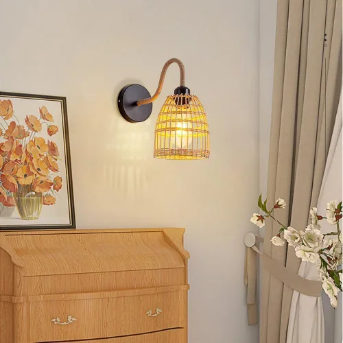 Miniatura 2 de Aplique de pared de ratán hecho a mano, lámpara de mimbre estilo granja, luz vintage, retro, negro, E26 E27, accesorio de iluminación para sala